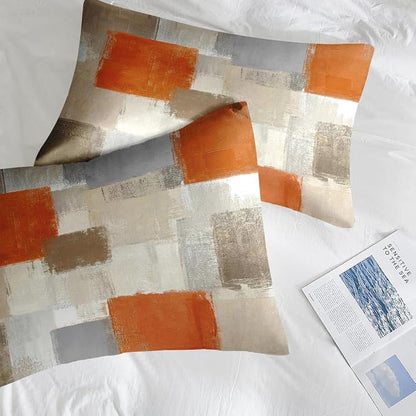 Pamnest Comforter Set Queen Size, Beige Grey Abstract Painting 7 Pcs Bedding for Kids and Adults, Orange Gray Contemporary Bed Sheet Sets with Fitted Sheet 2 Pillowcase & 2 Sham for Bedroom Bed Decor