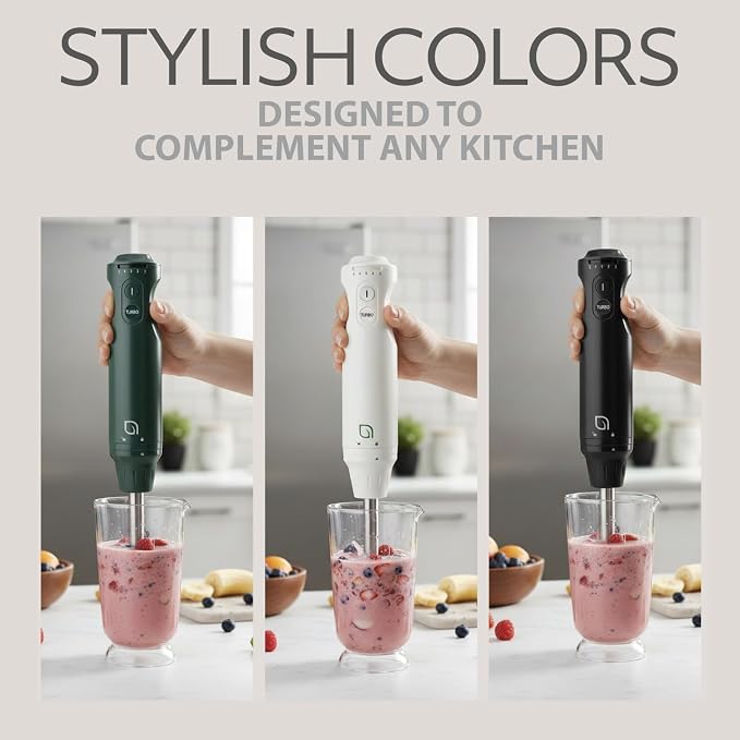 WILLOW Eco Series 5 Speed Immersion Blender Handheld, Powerful yet Quiet 500 Watt Electric Stick Blender with Turbo Mode & Removable Base, Hand Blender for Soup, Smoothie, 304 Stainless Steel - WHITE