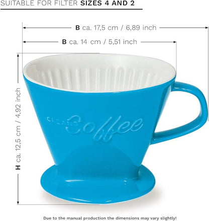 Creano XXL Porcelain Coffee Dripper Blue - Ceramic Cone Brewer - Pour Over Coffee Maker - Filter Size 4 - huge and heavy quality 800gr/28oz - 6 Colours availeble