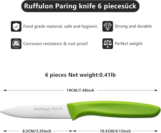 Paring Knife Fruit Knife Set (6 Pieces), Ultra Sharp Stainless Steel Vegetable and Fruit Knife with PP Plastic Ergonomic Handle for Cutting Fruits and Vegetables,Blue/Yellow/Green