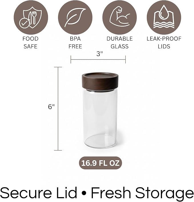 Wide Mouth Glass Storage Jars With 3" Acacia Wood Lids - 4 Pack of 16.9 Oz Airtight Food Storage Containers - Borosilicate Glass Canisters for Kitchen - Pantry Organizers Storage for Flour Rice Coffee