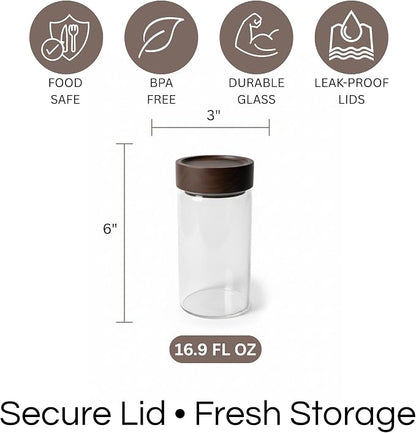 Wide Mouth Glass Storage Jars With 3" Acacia Wood Lids - 6 Pack of 16.9 Oz Airtight Food Storage Containers - Borosilicate Glass Canisters for Kitchen - Pantry Organizers Storage for Flour Rice Coffee