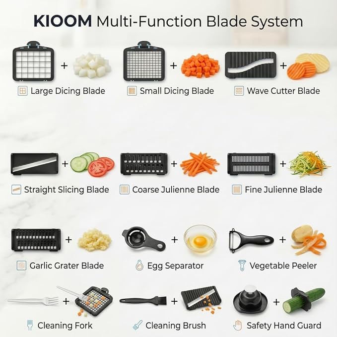 Vegetable Chopper 15 in 1 with Container – Mandoline Slicer, Onion Chopper Dicer, Food Chopper, Cheese Grater & Veggie Slicer for Kitchen Meal Prep | KIOOM