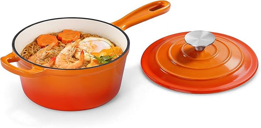 Homikit Small Cast Iron Pot, 2 QT Enameled Cast Iron Sauce Pan with Lid, Heavy Duty Enamel Dutch Oven Kitchen Cookware for Making Pasta, Boiling Soup, Warming Milk, Nonstick & Oven Safe, Flame Orange