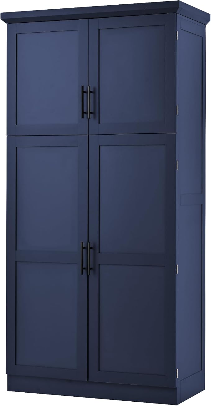VilroCaz Freestanding Kitchen Pantry Tall Storage Cabinet, Wooden Kitchen Organizers with 4 Doors, 2 Door Shelves, 8 Pull-Out Trays and Adjustable Shelf for Dining Room Living Room (Blue-8.5)