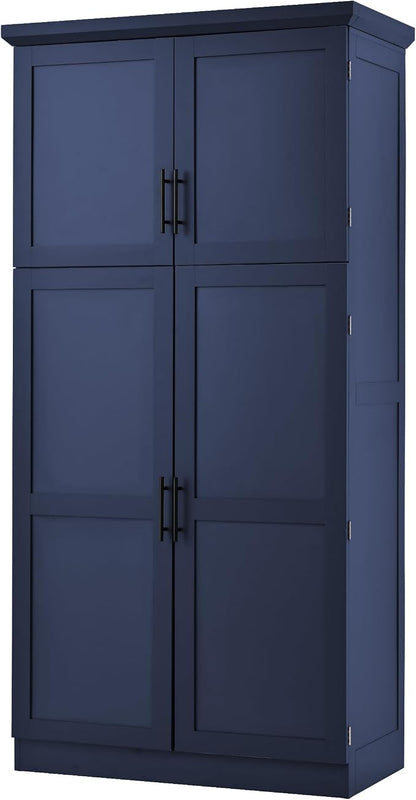 VilroCaz Freestanding Kitchen Pantry Tall Storage Cabinet, Wooden Kitchen Organizers with 4 Doors, 2 Door Shelves, 8 Pull-Out Trays and Adjustable Shelf for Dining Room Living Room (Blue-8.5)