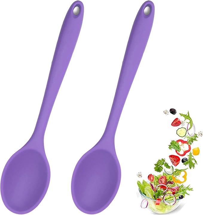 2 Pcs Silicone spoons for cooking heat resistant, Hygienic Design Cooking Utensi Mixing Spoons for Kitchen Cooking Baking Stirring Mixing Tools (Purple)