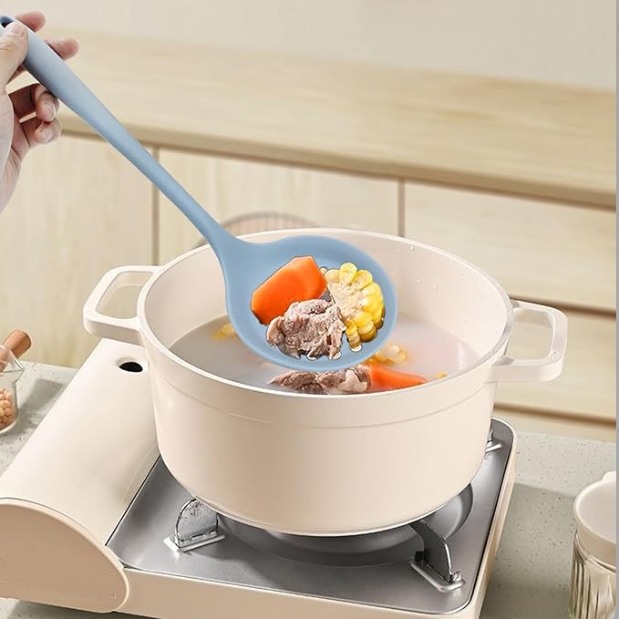 Hordion 1 Pcs Silicone Slotted Spoon, Grey Strainer Spoon Non Stick Silicone Skimmer Heat Resistant Cooking Spoon