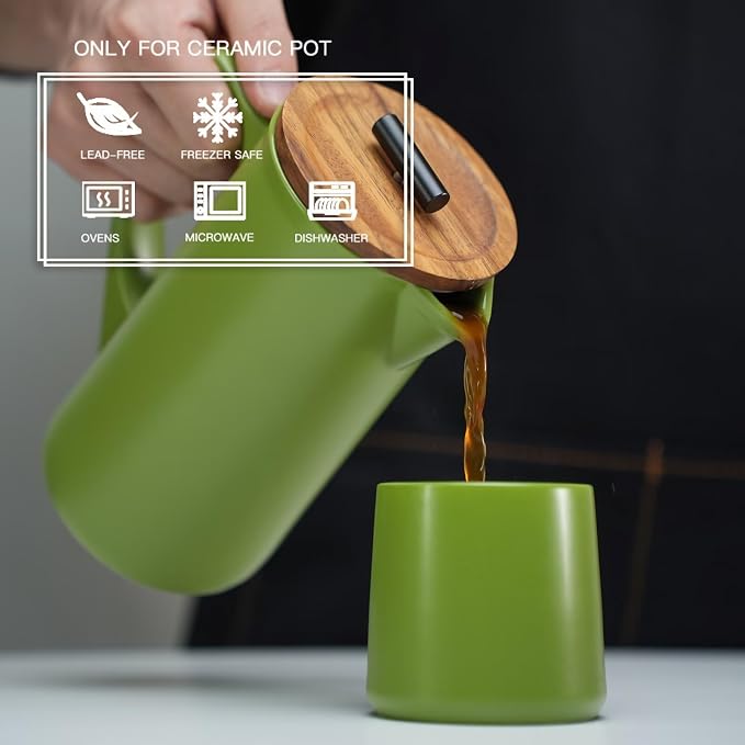 Ceramic French Press Coffee Maker, 22oz Single Serve Coffee Press with Walnut Wood Lid, Lead-Free, Food Grade Stainless Steel Filter with Dual Screen for Coffee and Loose Tea, Green