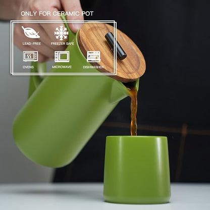 Ceramic French Press Coffee Maker, 22oz Single Serve Coffee Press with Walnut Wood Lid, Lead-Free, Food Grade Stainless Steel Filter with Dual Screen for Coffee and Loose Tea, Green