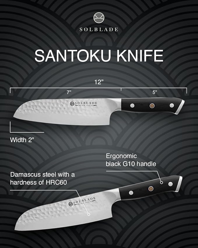Santoku Knife 7 inch Blade - Origin Series - VG10 Japanese Damascus Steel - Razor Sharp - G10 Black Handle - Professional Full Tang Santoku Knife (Black), ORG-ST-BL-7