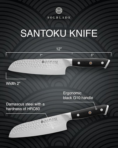 Santoku Knife 7 inch Blade - Origin Series - VG10 Japanese Damascus Steel - Razor Sharp - G10 Black Handle - Professional Full Tang Santoku Knife (Black), ORG-ST-BL-7