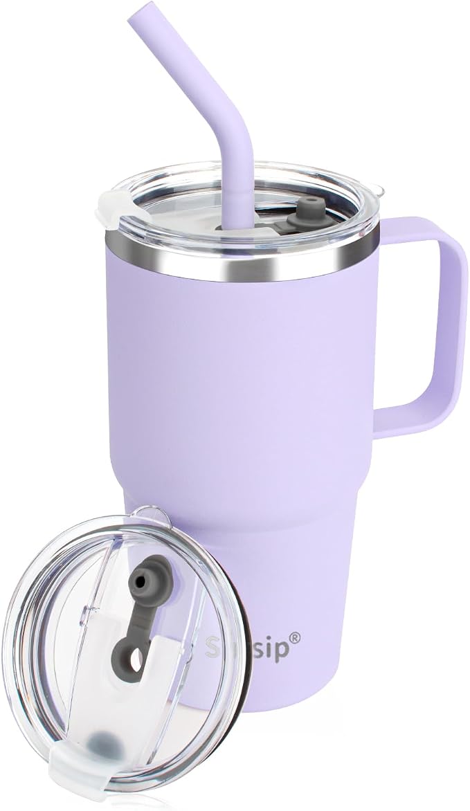 Sursip Insulated Coffee Mug with Handle and Lid, 24 oz Double Wall Vacuum Travel Thermal Coffee Tumbler with Straw for Home, Office & Outdoor Stainless Steel Coffee Cup - BPA Free(Lilac-1 Pack)