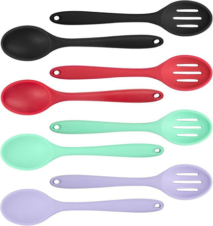 8 Pcs 8inch Heat Resistant Cooking Spoons for Nonstick Cookware Set -Ideal for Cooking, Baking, Mixing, Stirring Includes Slotted & Solid Spoons, Design for Nonstick Cookware (Black+Red+Green+Purple)