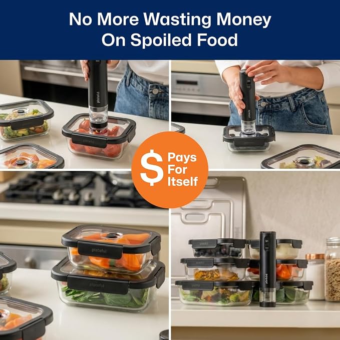 Plateful Glass Vacuum Seal Containers For Food Storage (3-pack) - Reusable Sealed Vacuum Container, Borosilicate Glass to Keep Food Fresh Longer, Works For Meal Prep