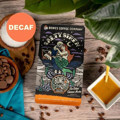 Bones Coffee Company Decaf Salty Siren, Sea Salted Caramel Chocolate Decaffeinated Flavored Coffee, Medium Roast Low Acid Arabica Beans For Auto drip and French Press Coffee Maker, 12 Oz Ground