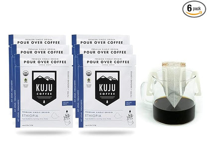 Kuju Coffee Premium Pour Over Individual Coffee Packets - Backpacking, Travel, Camping Organic Coffee Singles - Fair Trade & Eco-Friendly - Ethiopia - Yirgacheffe, 6-pack