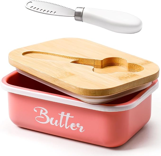 Butter Dish, Butter Dish with Lid for Countertop,Metal Butter Keeper with Stainless Steel Multipurpose Butter Knife, Large Butter Container with quality Silicone Good Kitchen Gift,Pink