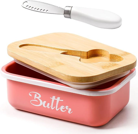 Butter Dish, Butter Dish with Lid for Countertop,Metal Butter Keeper with Stainless Steel Multipurpose Butter Knife, Large Butter Container with quality Silicone Good Kitchen Gift,Pink