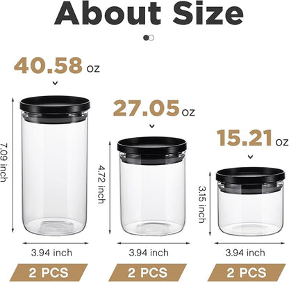 Rtteri 6 Pcs Glass Jars with Black Lids 15oz 27oz 41oz Canisters with Black Airtight Lids Stackable Glass Food Storage Containers Pantry Storage Jars PP Material Airtight