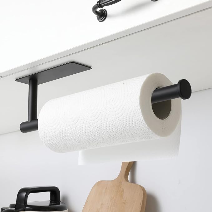 theaoo Paper Towel Holder - Under Cabinet Paper Towel Holder for Kitchen, Adhesive Paper Towel Roll Rack for Bathroom Towel, Wall Mounted Matte Black Paper Towel Rack, SUS304 Stainless Steel(1, Black)