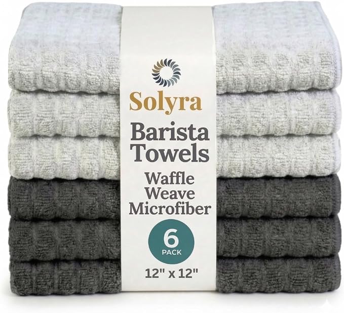 Solyra Barista Towels, 6 Pack, 12" x 12", Dark & Light Gray | Oeko-Tex Certified, Barista Microfiber Cloth, Espresso Towels
