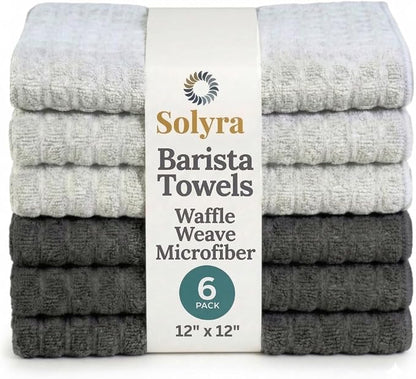 Solyra Barista Towels, 6 Pack, 12" x 12", Dark & Light Gray | Oeko-Tex Certified, Barista Microfiber Cloth, Espresso Towels