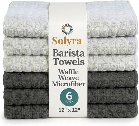 Solyra Barista Towels, 6 Pack, 12" x 12", Dark & Light Gray | Oeko-Tex Certified, Barista Microfiber Cloth, Espresso Towels