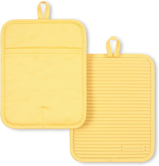KITCHENAID Ribbed Soft Silicone Pot Holder 2-Pack Set, 2025 Color of the Year, Butter Yellow, 7"x9"