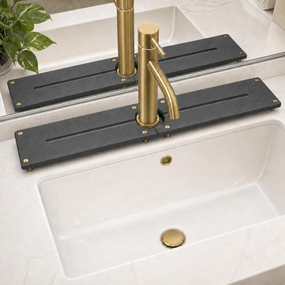 Stone Faucet Mat for Kitchen Sink, Water Absorbing Sink Tray Organizer for Bathroom Counter, Diatomite Soap Dish Coaster Caddy Riser, Sponge Holder Dispenser Mat, Gold Dark Gray, 23.6" x 4"
