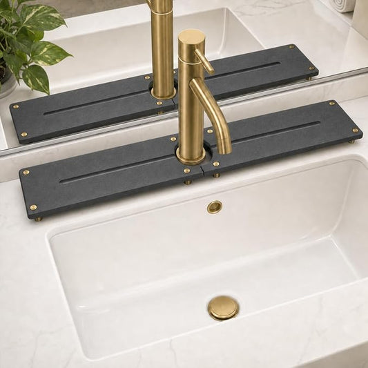 Stone Faucet Mat for Kitchen Sink, Water Absorbing Sink Tray Organizer for Bathroom Counter, Diatomite Soap Dish Coaster Caddy Riser, Sponge Holder Dispenser Mat, Gold Dark Gray, 23.6" x 4"