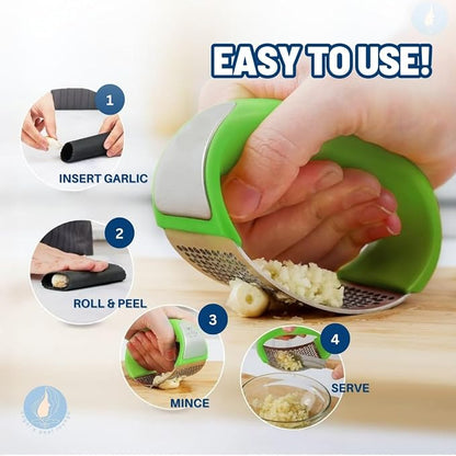 Angel's Peel Lounge Stainless Steel Garlic Press Rocker Set with Silicone Garlic Peeler & Cleaning Brush – Garlic Chopper, Mincer, Grater, Crusher – Easy for Crushed Cloves – Rust-Resistant, Green