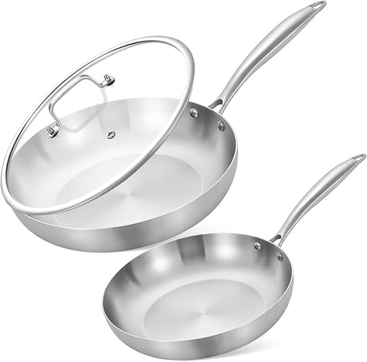 Inqibee 8.5-10 Inch Tri-Ply Stainless Steel Frying Pans with Lid, Small Sauté Pan Set, Skillets, Induction Cooking Pan, Pots and Pans Set Heavy Duty and Oven Safe