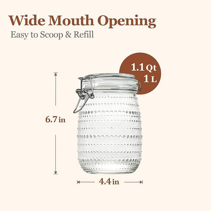 ComSaf 34oz 3 Pack Vintage Hobnail Decorative Glass Canisters with Airtight Clamp Lidsfor Coffee Bar, Tea Station and Kitchen Gift, Wide Mouth Clear Jars for Sugar, Snacks, and Countertop Display