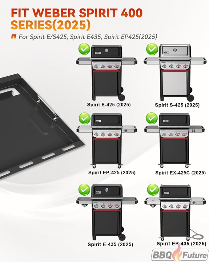 Full Size Griddle Insert with Handles for Weber Spirit 400 Series(2025 Models), Flat Top Grill Insert Replacement Parts for Weber Spirit E425 S425 E435 EP425 EP435(2025), Non-stick Carbon Steel, Black