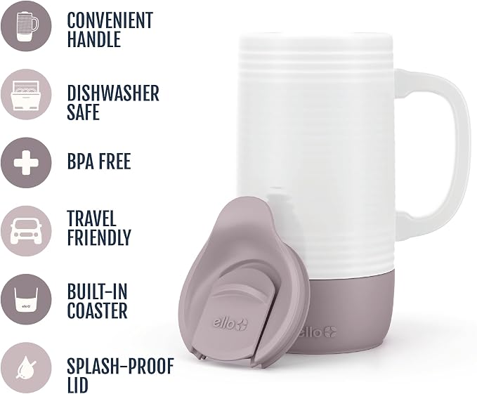 Ello Jane 18oz Ceramic Travel Mug with Handle, Splash-Resistant Slider Lid and Built-in Coaster, Perfect for Coffee and Tea, BPA Free, Dishwasher Safe, Gift for Him Her Birthday, Mauvewood