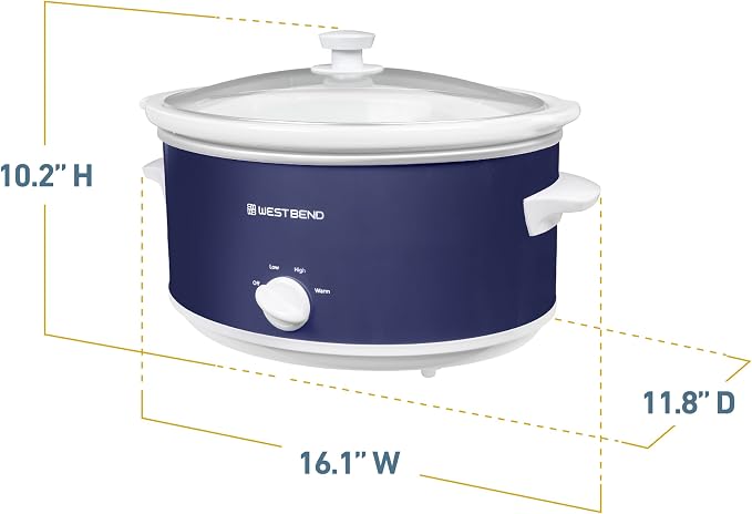 West Bend Slow Cooker 6-Quart Manual Crockery Style with Dishwasher Safe Oval Ceramic Crockpot and Glass Lid Two Temperature Settings Plus Keep Warm, 330-Watts, Navy