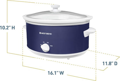 West Bend Slow Cooker 6-Quart Manual Crockery Style with Dishwasher Safe Oval Ceramic Crockpot and Glass Lid Two Temperature Settings Plus Keep Warm, 330-Watts, Navy