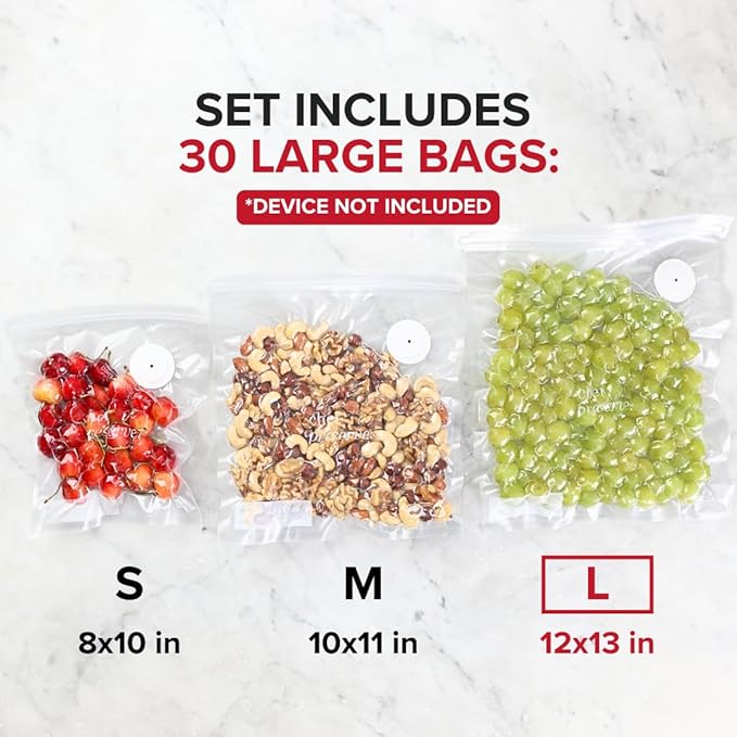 Chef Preserve Reusable Vacuum Sealer Bags for Food - 30 BPA-Free Large (12 x 13 in) Food Storage Bags, Freezer, Microwave - Odor-Resistant, Leak-Proof - Compatible with Chef Preserve Vacuum Sealers