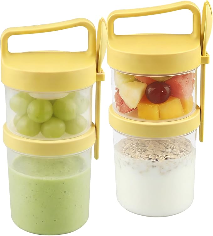 Overnight Oats Container 2 Pack, 31 fl oz Dual Layer Parfait Cups with Lids and Forks, 19 oz Bottom + 12 oz Top, 3.23 in Wide Mouth, Leak Resistant Meal Prep Jar for Yogurt Granola Salad