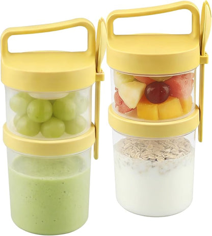 Overnight Oats Container 2 Pack, 31 fl oz Dual Layer Parfait Cups with Lids and Forks, 19 oz Bottom + 12 oz Top, 3.23 in Wide Mouth, Leak Resistant Meal Prep Jar for Yogurt Granola Salad