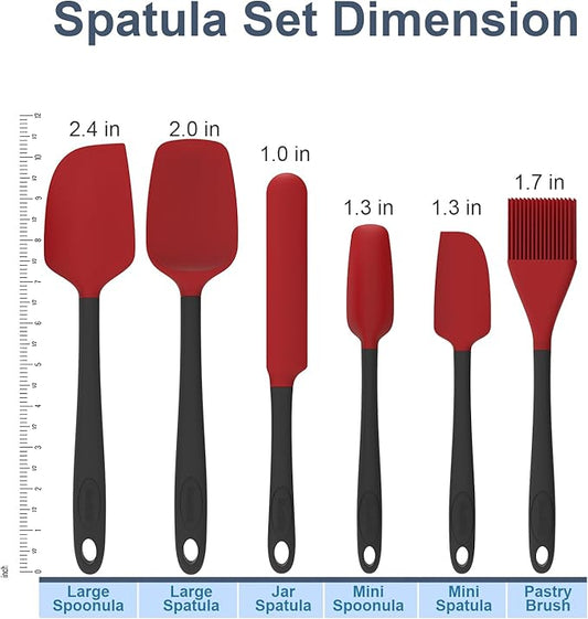 Silicone Spatula Set, 6 Pieces Food Grade Kitchen Utensils with Silicone Brush Heat Resistant Dishwasher Safe BPA-free Rubber Spatula for Scraping, Baking, Cooking, Mixing (Red)