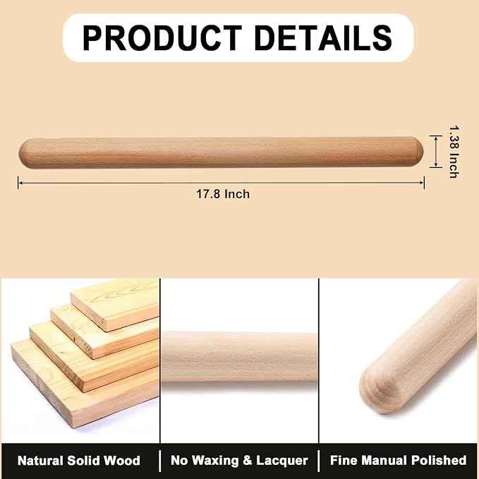 17.78 Inches French Rolling Pin,Extra-long Wood Rolling Pin for Baking,Classic Wooden Dough Roller for Fondant Pizza Pie Crust Cookie Pastry, Essential Kitchen Utensil,（Beech wood）