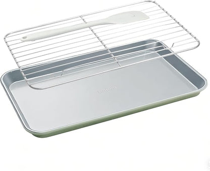 7PCS Ceramic-Coated Baking Sheet Set - 10x15in Jelly Roll Pan Non-Stick Cookie Sheet with Wire Rack, Silicone Spatula & 4 Cookie Cutters, PFAS Free, Oven Safe (550°F), Pistachio Green