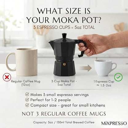 Mixpresso Black 3 Cup Moka Pot Cuban Coffee Maker, Moka Pot for Gas, Electric Stove Top, Classic Italian Coffee Maker, Stovetop Espresso Maker, Camping Pot Makes 3 Espresso Cup 5 Oz - Mug 4.4 Oz
