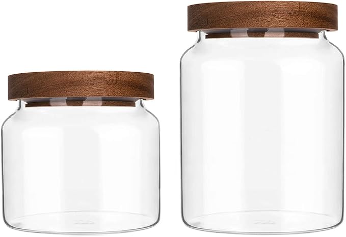 Custde Glass Jar with Lid, 28.7 FL oz Airtight Glass Storage Jar for Kitchen Counter, Pantry, Decorative Jar for Coffee, Sugar, Candy (Wooden 28.7 FL OZ)
