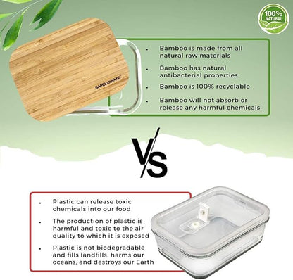 Bambooware Glass Containers with Lids | Non Plastic Glassware Set - Natural Raw Organic Wooden Bamboo Lids | Set of 4 | Reusable, BPA Free | Perfect for Meal Prep, Lunch, Leftovers, Kitchen