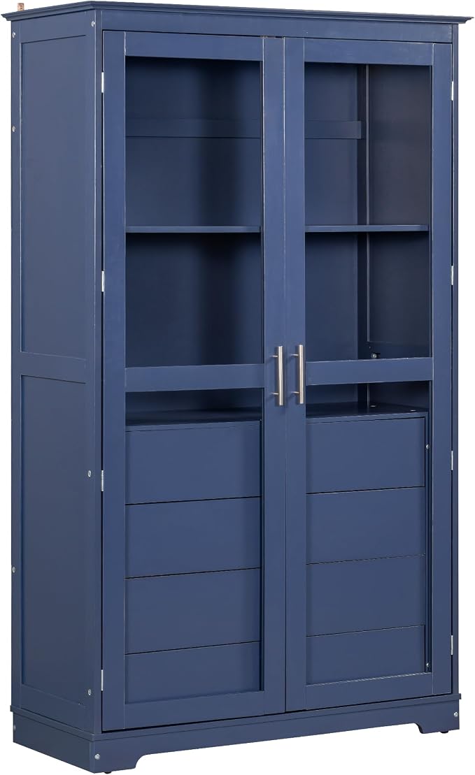 VilroCaz 75'' Tall Kitchen Pantry, Wood Freestanding Kitchen Storage Cabinet Display Cabinet with Glass Doors and 4 Built-in Drawers for Living Room Home Office (Blue-6.21)