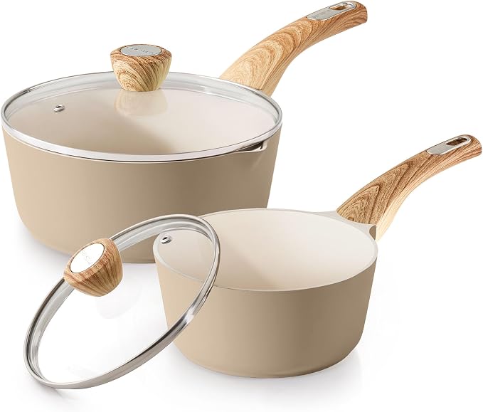 SENSARTE 2.0 & 3.0 Quart Ceramic Sauce Pan Sets with Lid, Cooking Pots Set, Nonstick Saucepan Set with Pour Spout, Small Kitchen Pot, Non toxic Saucepot, Induction Comptable, PFOA PTFE PFAS PFOA Free