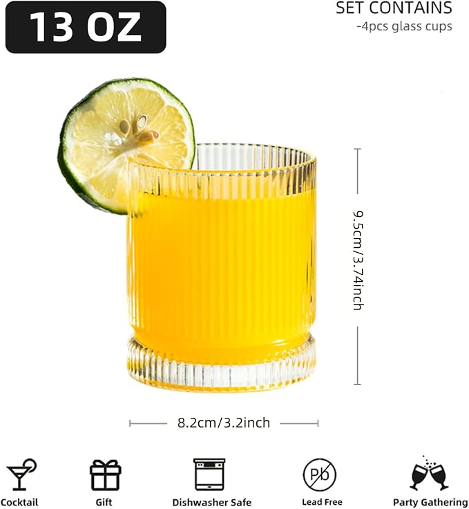 KEMORELA Ribbed Glass Cups Set, 13oz Vintage Drinking Glassware Set of 4, Premium Glassware, Elegant Mixed Glassware Set, Origami Style Cocktail Glasses, Great for Cocktail, Whisky & Beverages